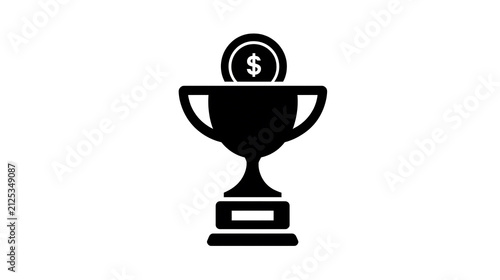 A black and white illustration of a trophy with a coin inside