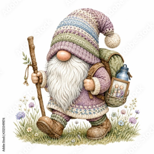 A whimsical gnome with a large knitted hat, thick white beard, and hiking gear walks through a field of wildflowers, carrying a staff and a backpack with a framed photo.