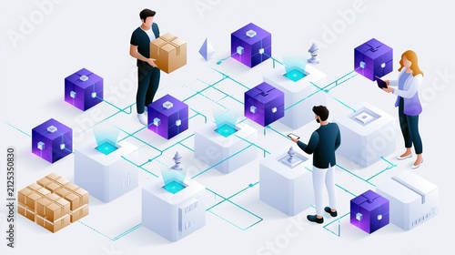 People working with boxes and digital systems in a modern workspace with various items and technology