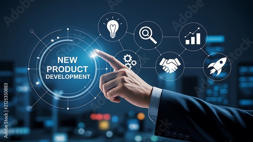 Businessman touching new product development digital button