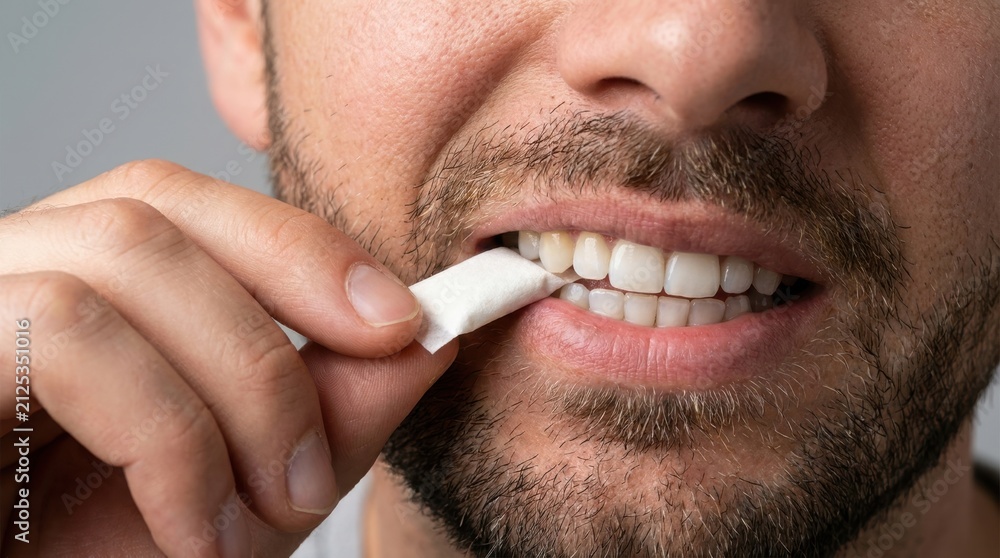 Fototapeta premium Man placing nicotine pouch in mouth. Using tobacco-free oral stimulant for nicotine intake.