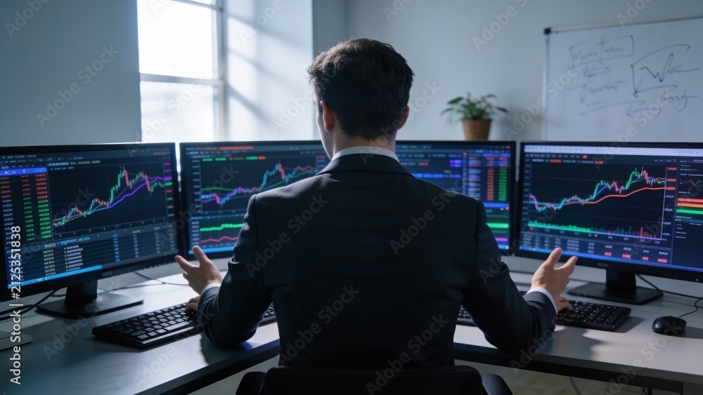 Fototapeta premium Financial trader examining stock charts and technical analysis across multiple high-resolution displays.