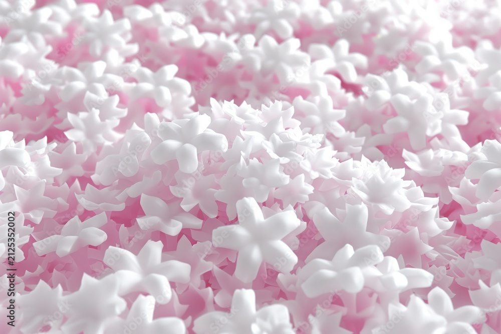 Obraz premium Soft white flower petals scattered over a pink background, creating a delicate abstract floral texture with a gentle romantic feel