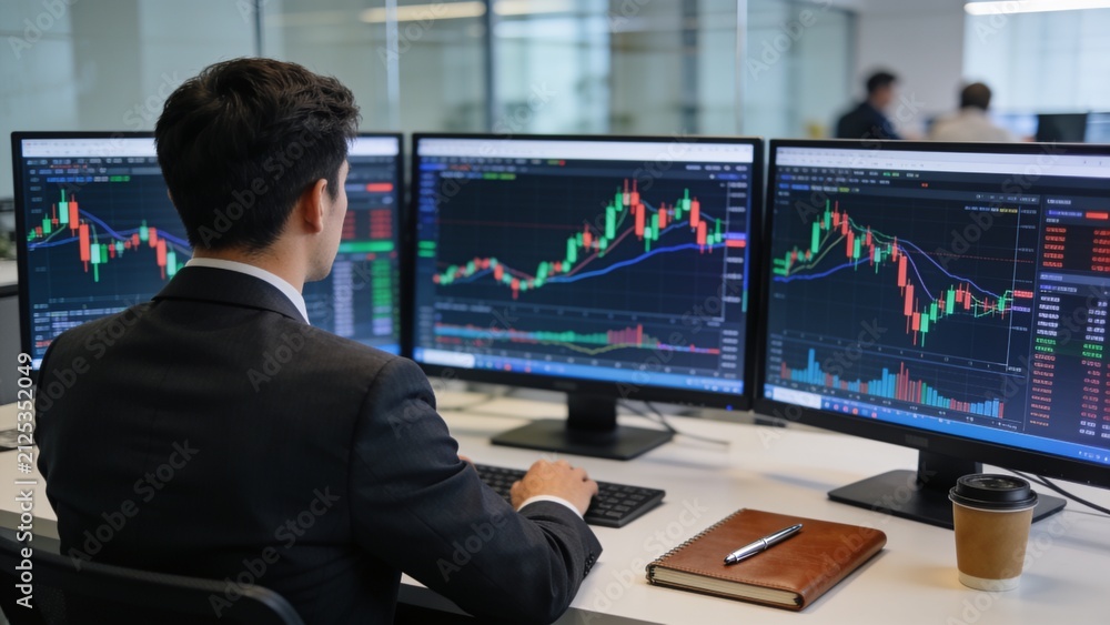 Fototapeta premium Young male stock market broker analyzing financial charts across multiple monitors in modern trading office.