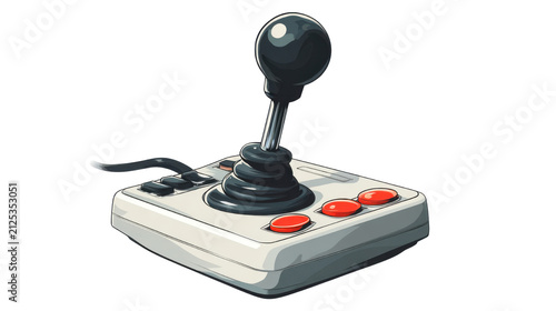 Retro white arcade joystick controller with black grip and red buttons in vintage cartoon style on White background