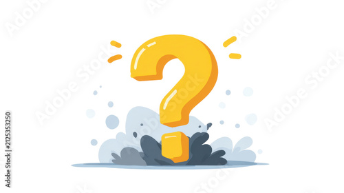 Glossy yellow three dimensional question mark icon emerging from gray smoke cloud in cartoon style on White background