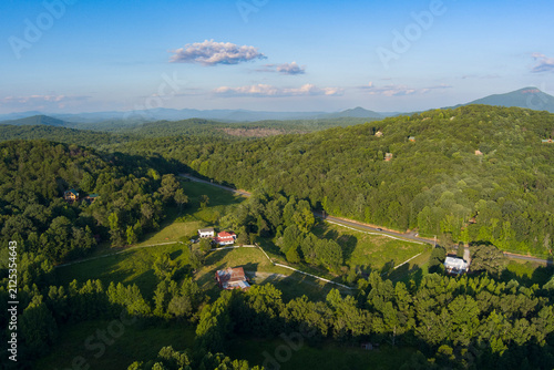 Aerial view of the Appalachian mountains of rural Georgia, USA during the golden hour before sunset.