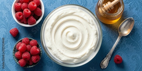 Fresh Greek yogurt in a bowl with ripe raspberries and honey on a blue textured table top