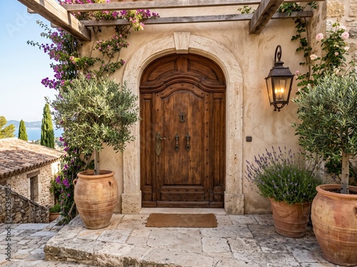 Mediterranean villa entrance featuring a handcrafted arched wooden front door with antique bronze handles, warm beige stucco walls, natural travertine stone flooring.
