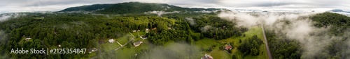 Aerial 360 degree panorama of the Appalachian mountains of Georgia, USA at sunrise with fog on the valleys.