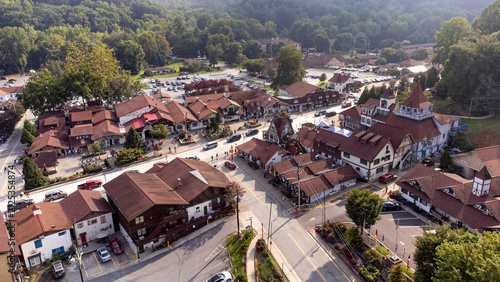 Aerial view of the German theme tourist town of Helen, Geeorgia. on a sunny day.