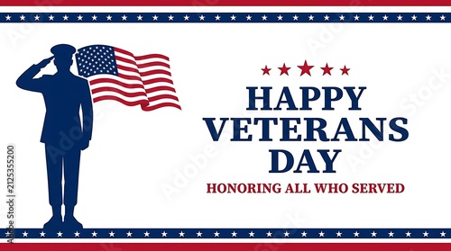 Happy veterans day greeting card design featuring a saluting soldier silhouette and the american flag on white background