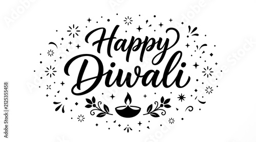 Elegant happy diwali greeting card design with black hand lettering and decorative traditional diya lamp on white background