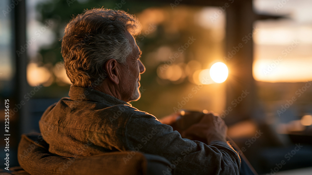 Obraz premium Senior man photographed from behind sitting by a bright window at home in quiet reflection faceless rear view figure in warm daylight senior at home window light quiet