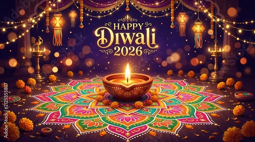 A festive diwali celebration background featuring a glowing diya oil lamp surrounded by colorful rangoli patterns and bokeh lights