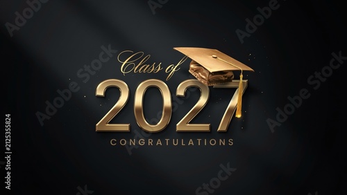 Class of 2027 graduation design with gold metallic typography and a graduation cap on a black background
