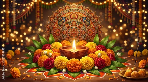 Traditional diwali celebration background with a glowing clay diya lamp surrounded by vibrant marigold flowers and warm bokeh fairy lights