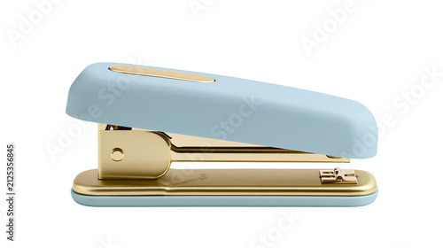 Pastel blue and gold stapler office supply for binding paper, isolated on transparent background