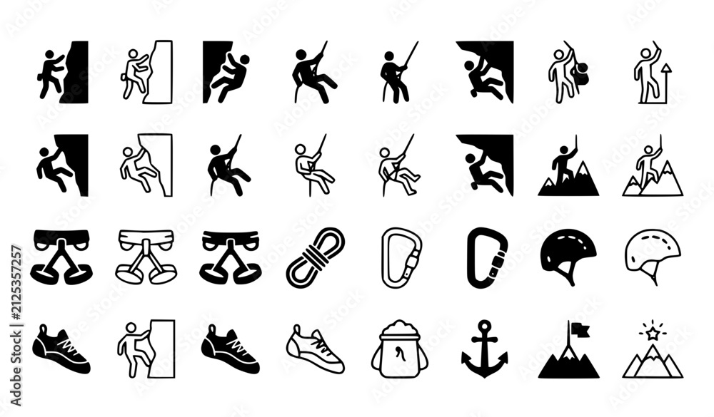 Fototapeta premium Rock Climbing Man Silhouette and Outline Icon Set Vector Collection