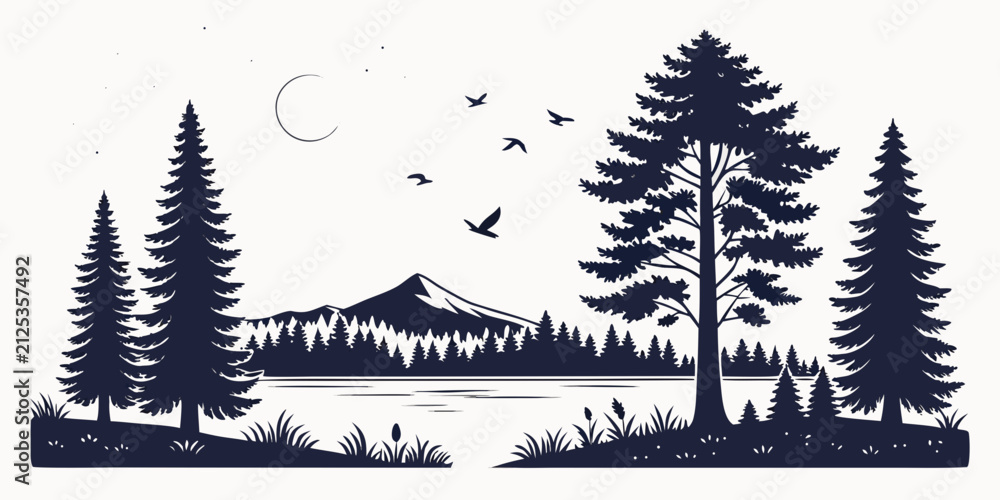 Fototapeta premium Pine trees silhouetted against full moon and starry night sky