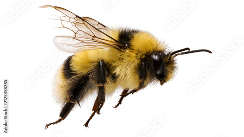 Fuzzy yellow and black bumblebee in flight, isolated on transparent background