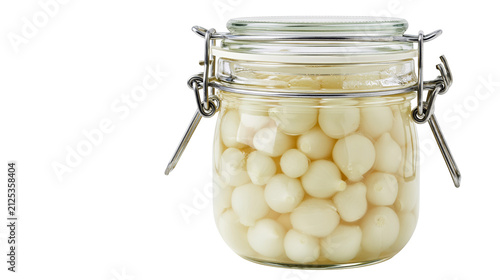 Foto Glass jar filled with pickled pearl onions, isolated on transparent background