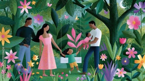 Family enjoys time together in a garden with flowers and a swing on a sunny day