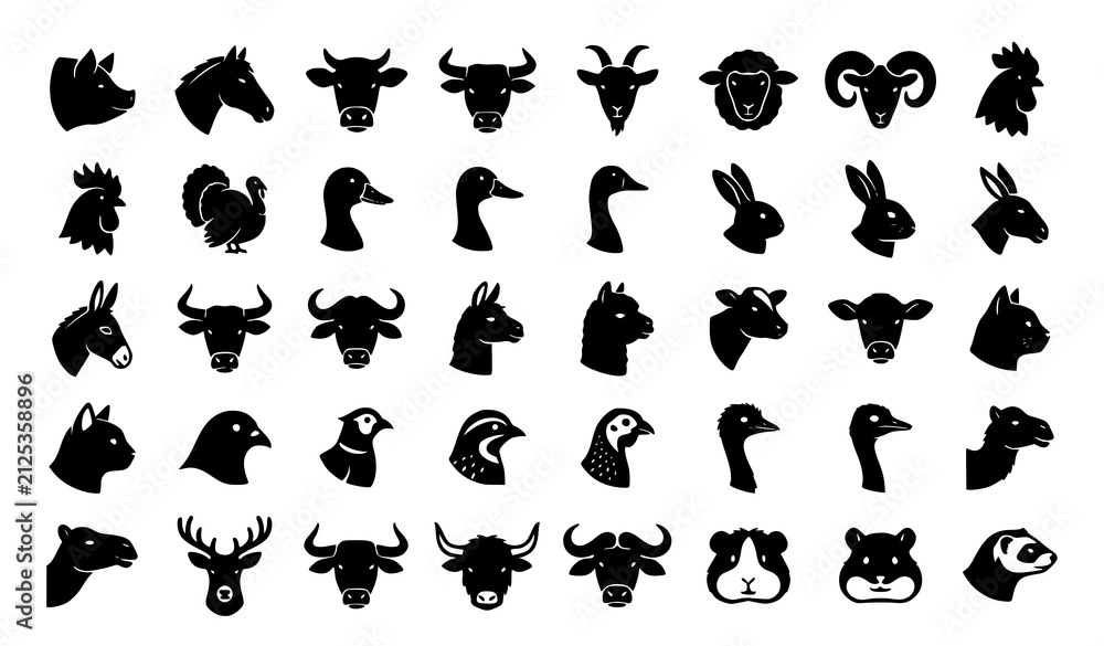 Fototapeta premium Minimal Farm Animal Head Black Silhouette Vector Icon Collection for Rural and Agricultural Design