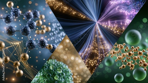 Science concepts shown through various molecular and particle designs with bright colors and abstract patterns representing their characteristics