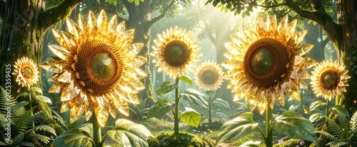 Giant crystal sunflowers with glowing petals, magical green forest