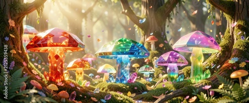 Glowing crystal mushrooms with rainbow caps, sunny magical forest
