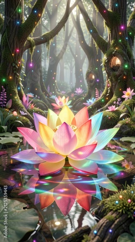 Luminescent rainbow lotus on glowing pond, enchanted forest, fantasy scene