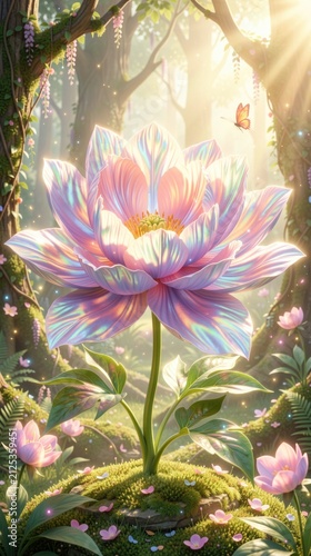 Giant glowing peony with iridescent petals, sunlit magical forest, fantasy