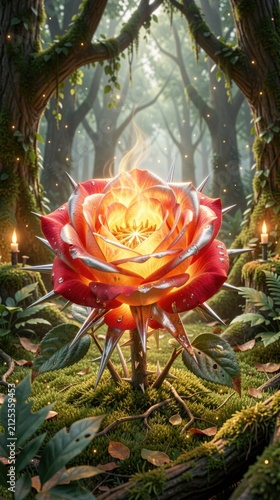 Glowing rose with silver thorns and golden center, enchanted forest, mystical