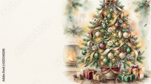 Festive Christmas tree with ornaments and gifts by a cozy fireplace