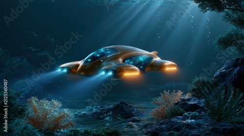 Submarine explores underwater world with bright lights and glowing details during deep sea adventure