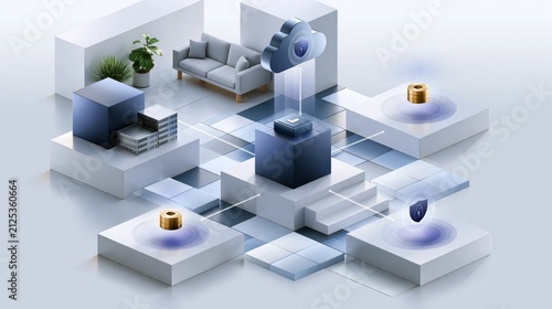 Technology systems connect through cloud platform with virtual elements in a modern digital space