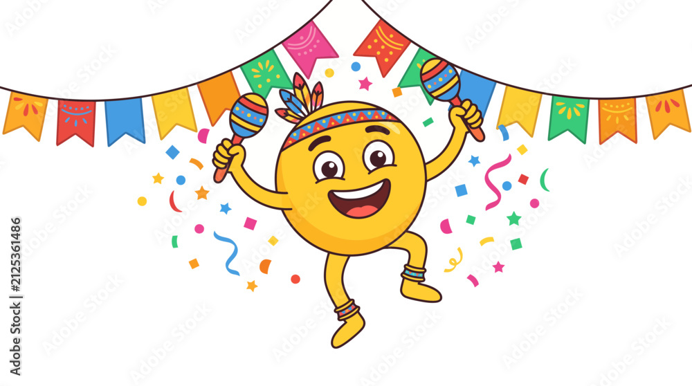 Fototapeta premium Vibrant yellow emoji character dancing joyfully while holding colorful maracas under bright festive bunting flags featuring confetti falling in this cheerful vector graphic design illustration
