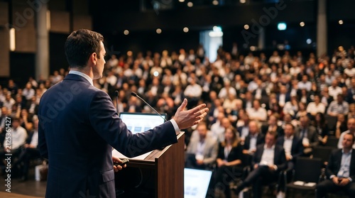A male speaker in a suit stands on stage gesturing to a large audience seated in a conference hall during a business presentation.