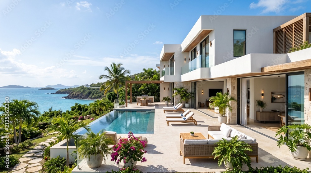 Fototapeta premium Luxurious modern villa with infinity pool overlooking a stunning tropical ocean bay and lush landscape.