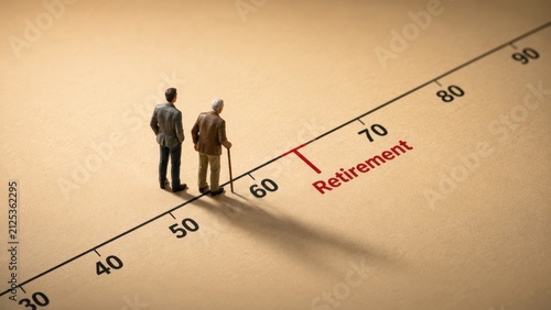 Miniature business professional and elderly man standing on timeline reaching retirement age milestone
