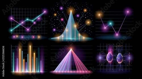 Abstract data visualizations with glowing neon lines and scattered bokeh lights against a dark background