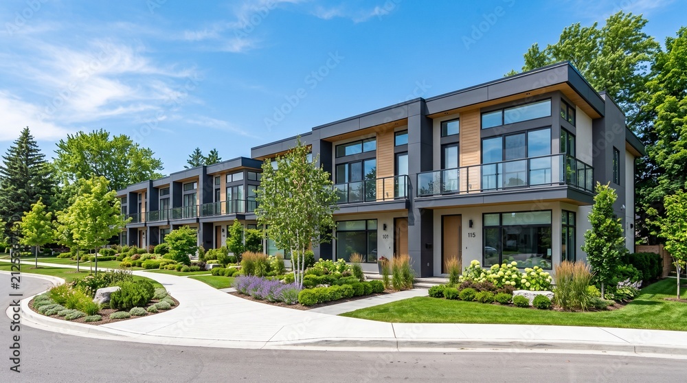 Fototapeta premium A row of modern townhouses featuring contemporary architecture, large windows, balconies, and lush green landscaping under a clear blue sky.