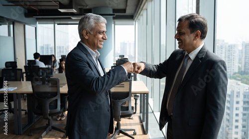 Professional indian business men standing in modern corporate office giving each other a friendly fist bump to celebrate successful collaboration