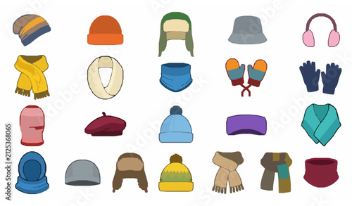 Fotografía Cartoon winter clothing accessories bundle with hats scarves mittens and cozy fa