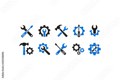 Set of service and repair icons with gears, wrench, screwdriver, and hammer, maintenance and technical support vector illustration