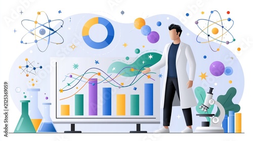 Scientist presents data analysis with charts and molecular structures in a bright laboratory setting for research concepts
