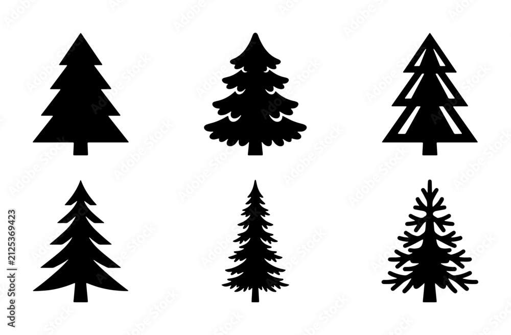 Obraz premium Six Black Silhouette Christmas Tree Icons, Vector Set, Winter Holiday Decoration Elements