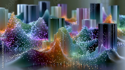 Abstract glowing data landscape with colorful cylindrical structures and particle clouds during soft ambient illumination