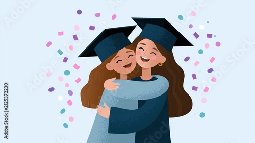 Two smiling female graduates in caps and gowns hugging amidst falling confetti celebrating success and friendship with a light blue background